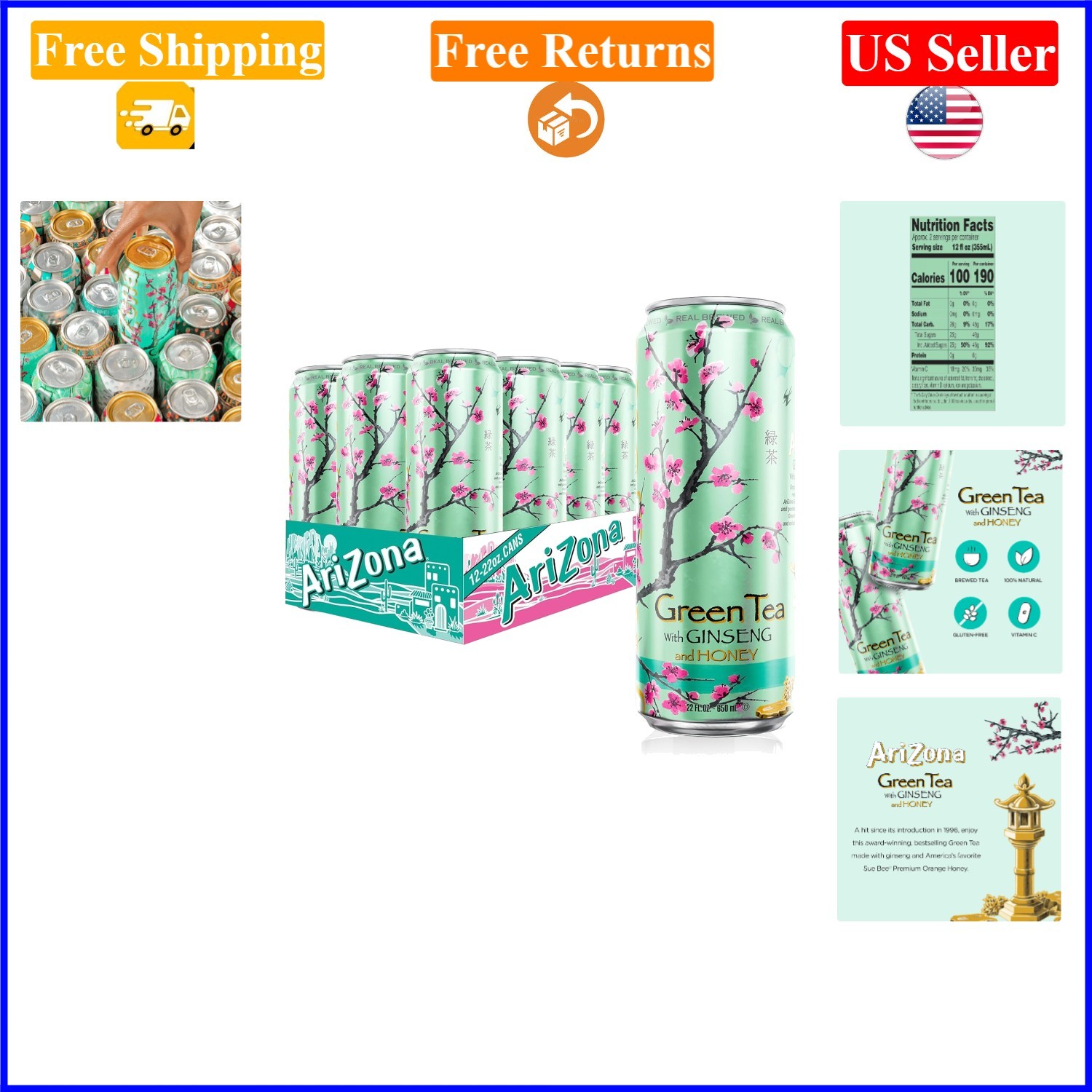 With Ginseng & Honey - 12 Pack, 22oz Big Cans, Natural &