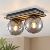 Deckenlampe Deckenleuchte Esszimmerlampe Holzoptik Glaskugel Rauch Led L 35 Cm