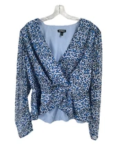 Express Blue Gray Faux Wrap Top Sz Large Animal Print V Neck Long Sleeve