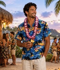 PACIFIC LEGEND Made In USA Camp Shirt Mens M Hawaiian Sunset Floral Luau Cotton