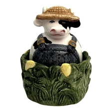 VTG Clay Art Salt & Pepper Shaker Set Black White Cow Nested Corn Row Stackable