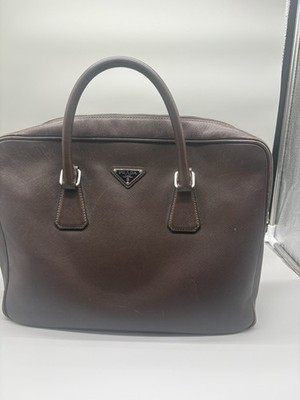 PRADA Brown Zip Closure Men's Briefcase with Top Handle & Inner Pockets