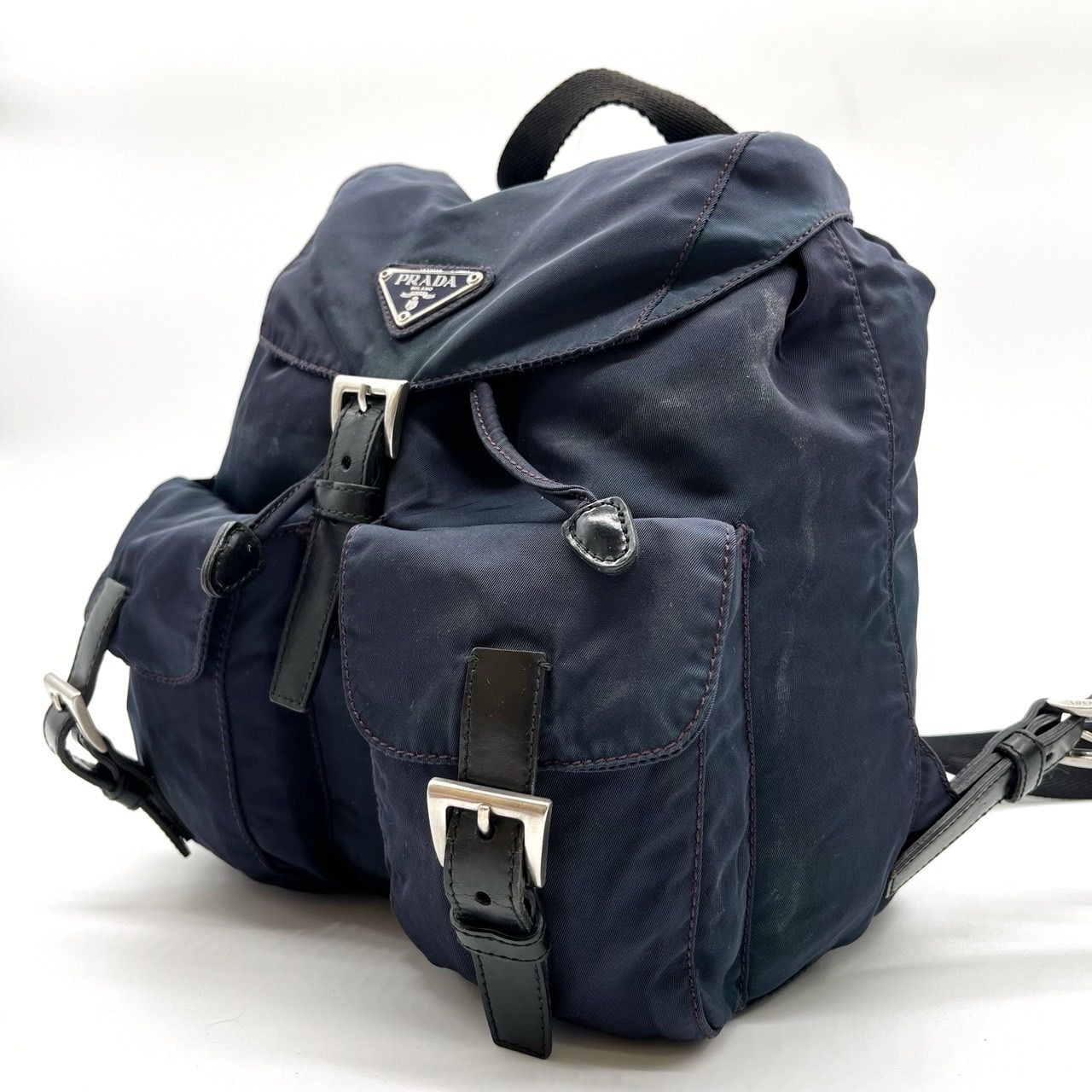 PRADA Triangular Plate Backpack Nylon Leather Nav… - image 1