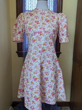Vintage 70's Pink Floral Polyester Puff Sleeves Babydoll Mini Dress Size Small