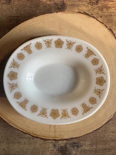 Vintage 70s Pyrex Butterfly Gold Oval Gravy Boat Under Plate 77-U Corning Glass