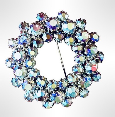 MCM Vtg Shimmering Blue Aurora Borealis Rhinestone Wreath Rhodium Plated Ex Cond