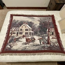 Crown Crafts Tapestry Throw Blanket Winter Scene Horse Drawn Sled Made In USA