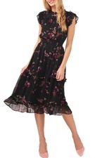 CECE Medium Black Pink Floral Chiffon Ruffle Tiered Smocked Waist Maxi Dress