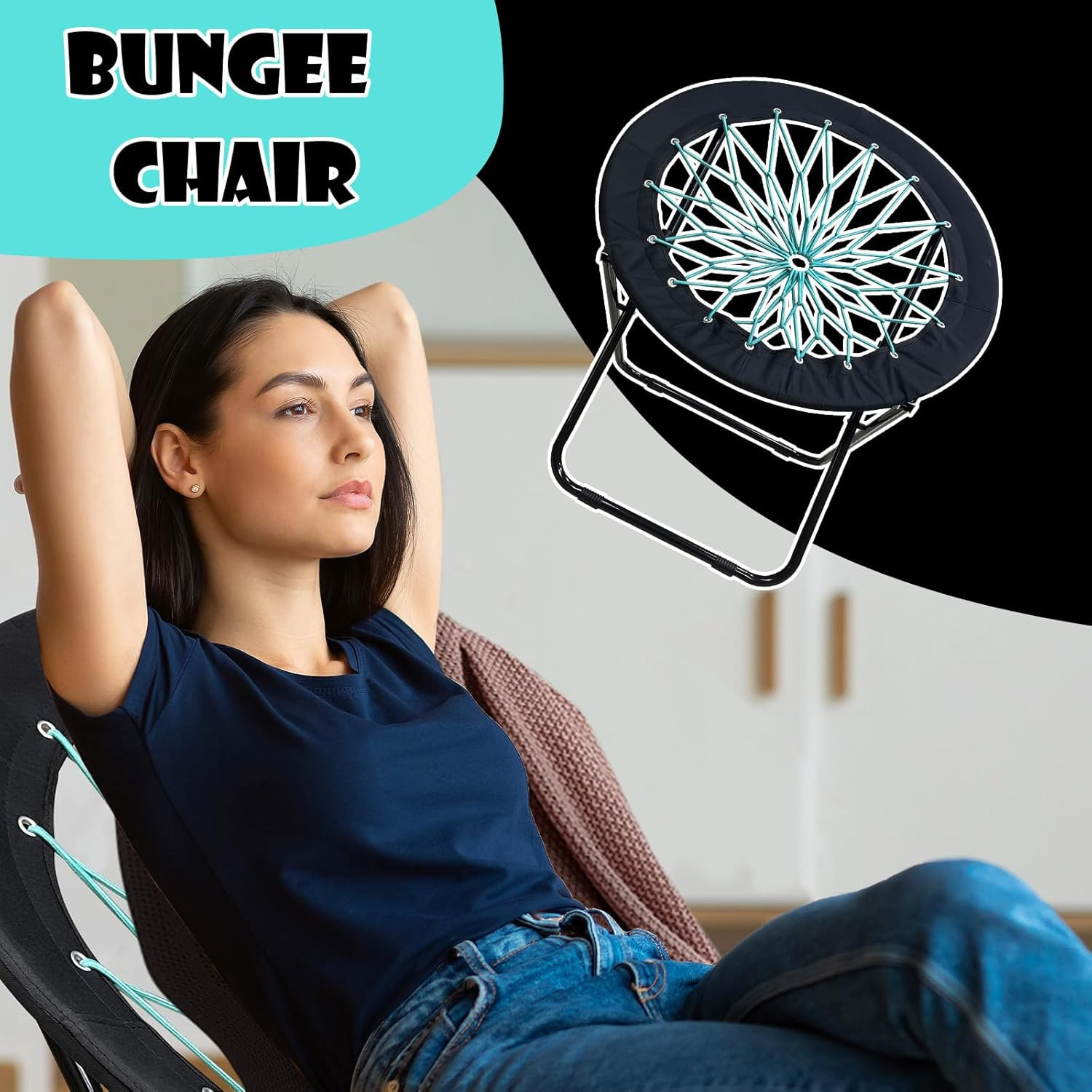 Portable Foldable Bungee Chair for Indoor/Outdoor Camping & BBQ - Black