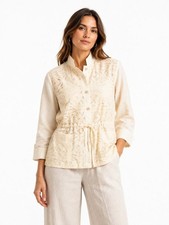 NWT Chico's Embroidered Linen Blend Jacket Size 3/XL Cream Cutwork Button Front