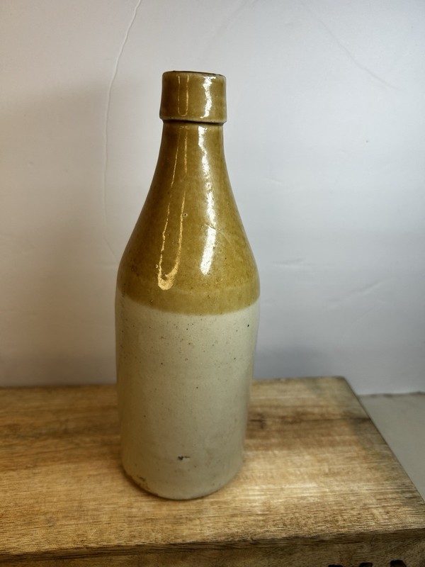 Antique Ginger Beer Stoneware Two Tone Bristol Slip Gold & Cream Bottle Marked