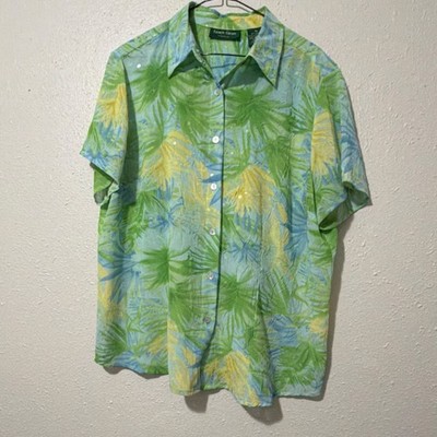 Lemon Grass Women s XL Tropical Floral Button Shirt Green Yellow Blue Polyester