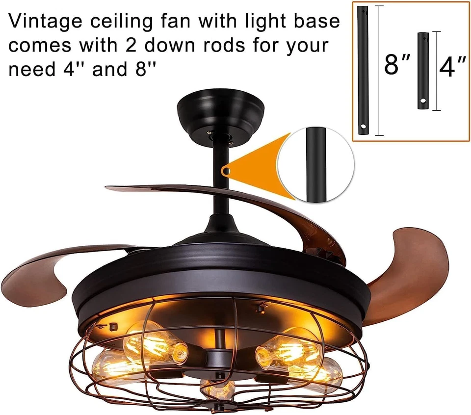 Ohniyou Retractable Blades Ceiling Fan with Lights and Remote, Rustic Industrial - Image 3 of 4