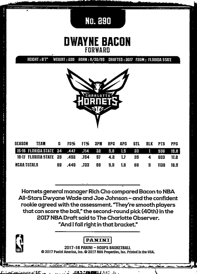 2017 NBA Hoops #290 Dwayne Bacon 8/10 Gold NrMt-Mint - Image 2 of 2