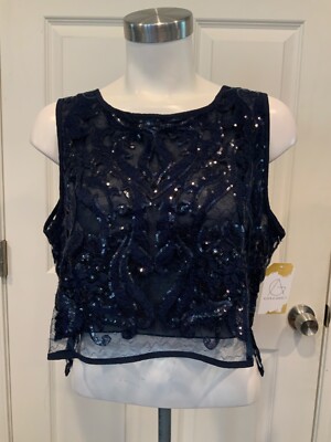 Zara Basic Collection Navy Blue Sequin Patterned Semi Sheer Cropped, Size Large