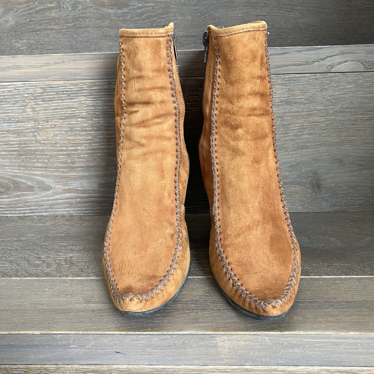 Patrick Cox High Heel Tan Suede Zip Ankle Boots Moccasin Style