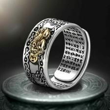 Feng Shui Pixiu Mani Mantra Real 990 Silver Adjustable Ring Wealth Buddhist