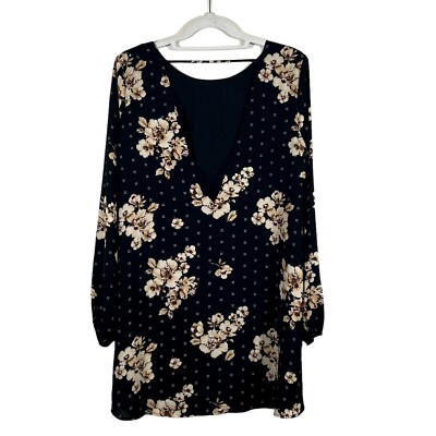 black dress with brown flowers Black Embroidered Flowers Topstitching Long Sleeve Mini Dress