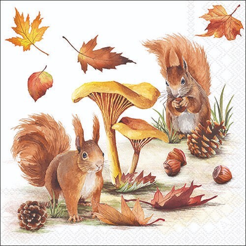 4 x Single Paper Napkins/3-Ply/33cm/Decoupage/Autumn/Squirrels/Toadstools/Leaves