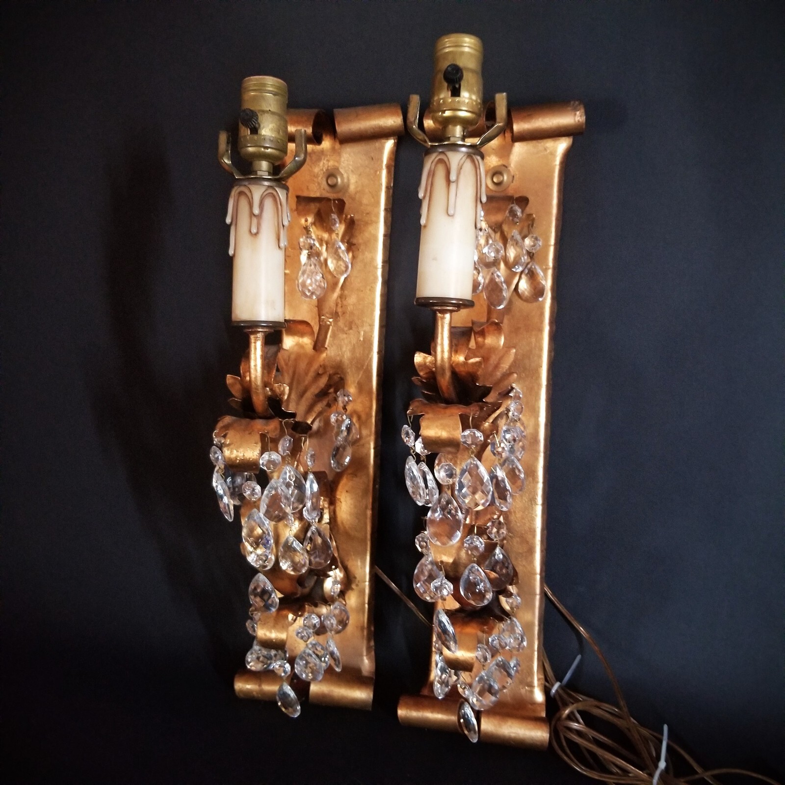 Hollywood Regency 100 Crystal Gold Leaf Lighted Wall Sconces Acanthus