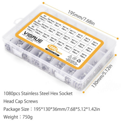 Vigrue 1080pcs M2 M3 M4 Hex Socket Head Cap Screws Assortment Kit