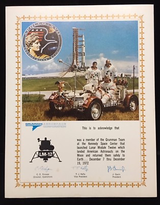 APOLLO 17 GRUMMAN TEAM MEMBER ACKNOWLEDGMENT 11 X 14 NOT NAMED