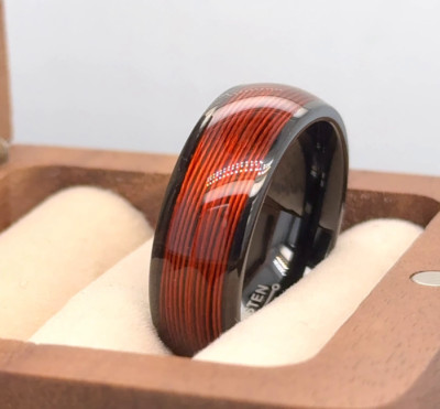 Gift For Boyfriend Black Tungsten Engagement Ring Red Wire Rolled Inlay Ring