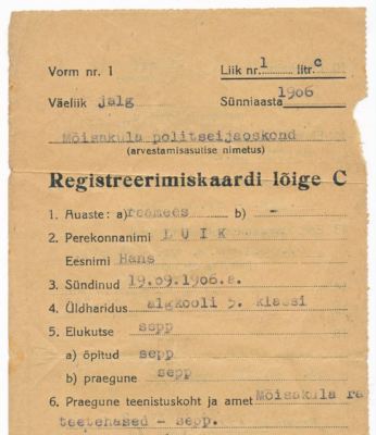 1944 WWII Germany Occupation Estonia Personal ID Population Registration Card