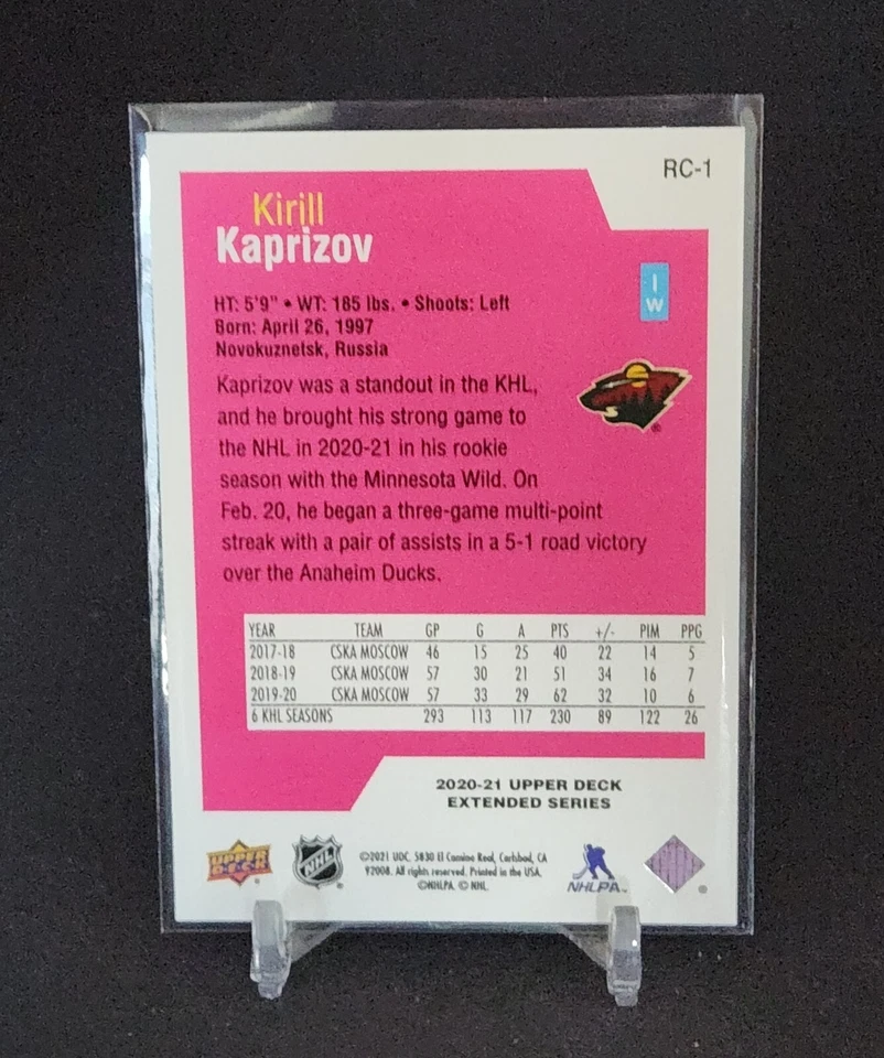 2020-21 UD EXTENDED SERIES ROOKIE CLASS KIRILL KAPRIZOV RC-1 Minnesota Wild - Image 2 of 2