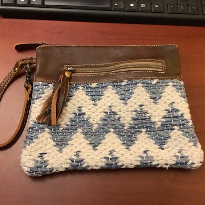 Myra Bag~Leather/Cotton~Blue/White Zig Zag Print~Clutch/Wristlet~Excellent~