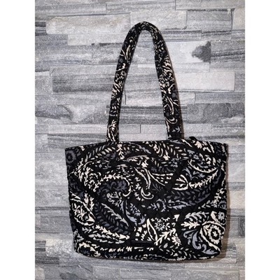 Vera Bradley Quilted Cotton Tote Bag Black White Paisley Shoulder Bag Zippered