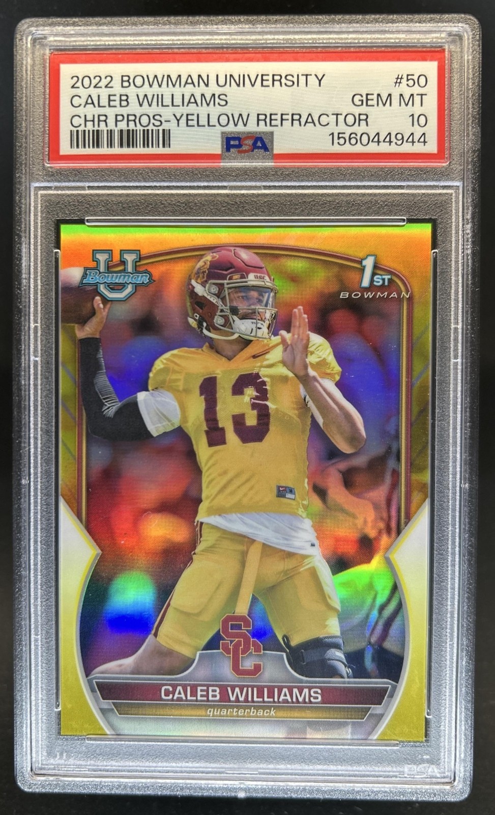 2022 Bowman University Chrome Caleb Williams Yellow Refractor #/75 PSA 10