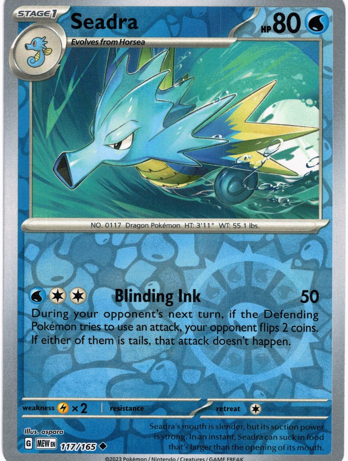 Seadra 117/165 Uncommon SV: Scarlet & Violet 151 Pokemon Reverse Holo Lightly