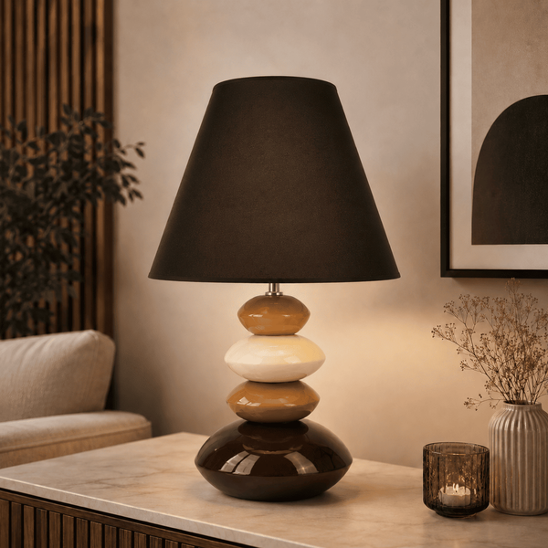 Tischleuchte Tischlampe Keramik Lampe Leuchte Hochglanz Braun Deko Steinoptik-image