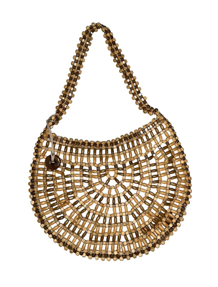BOLSO REDONDEADO CON CUENTAS DE MADERA MARRÓN Y NATURAL SAK BOHO COSTA VACACIONES PLAYA Foto 2 de 3