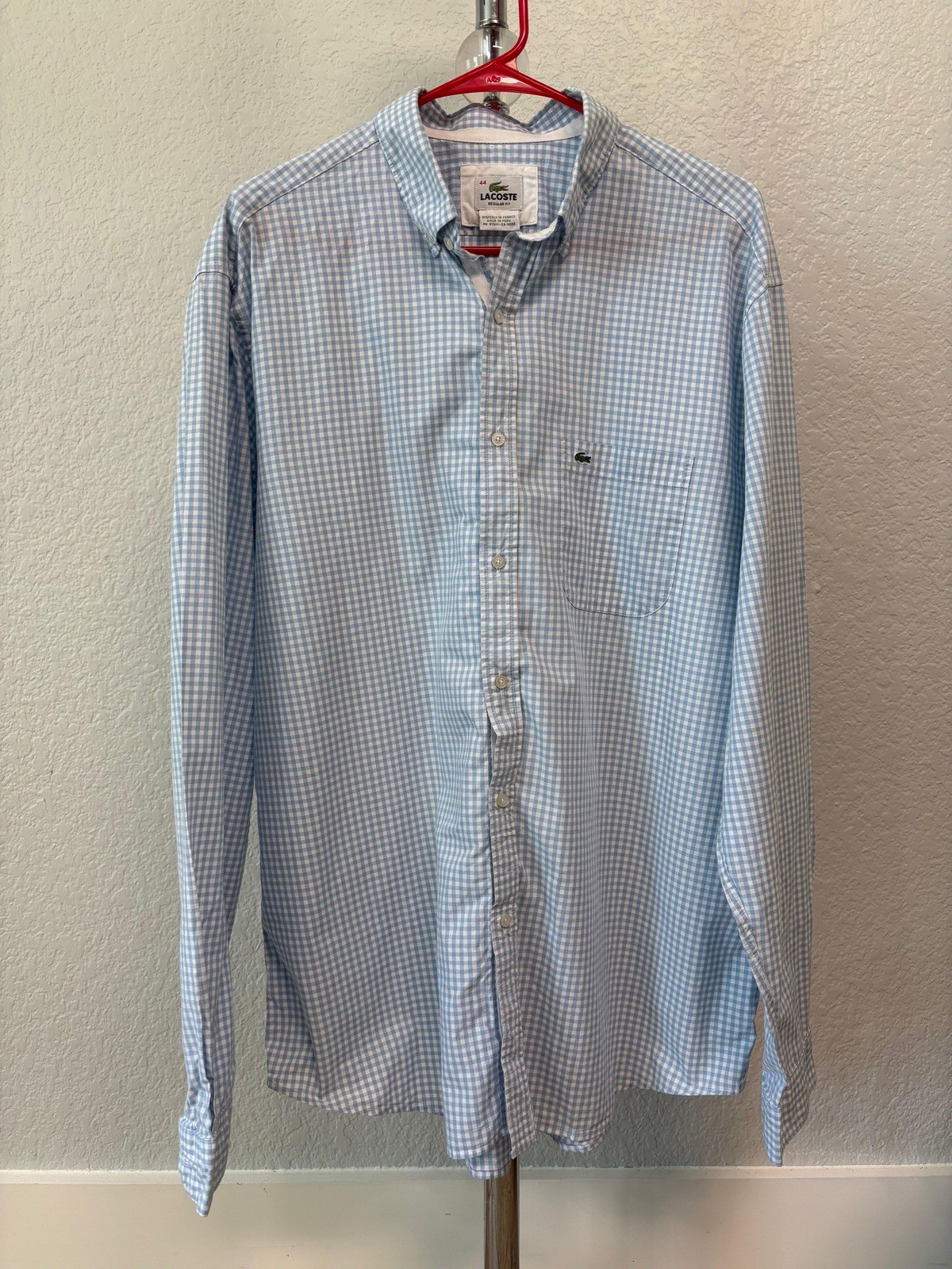 Lacoste Men's Blue White Check Cotton Regular Fit Long Sleeve Shirt Size 44