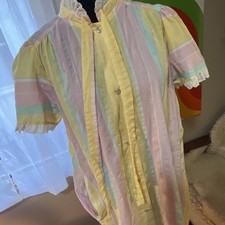 Vtg 1970 s Lounge Master House Coat Dress Size M Pastel Stripes Snaps USA
