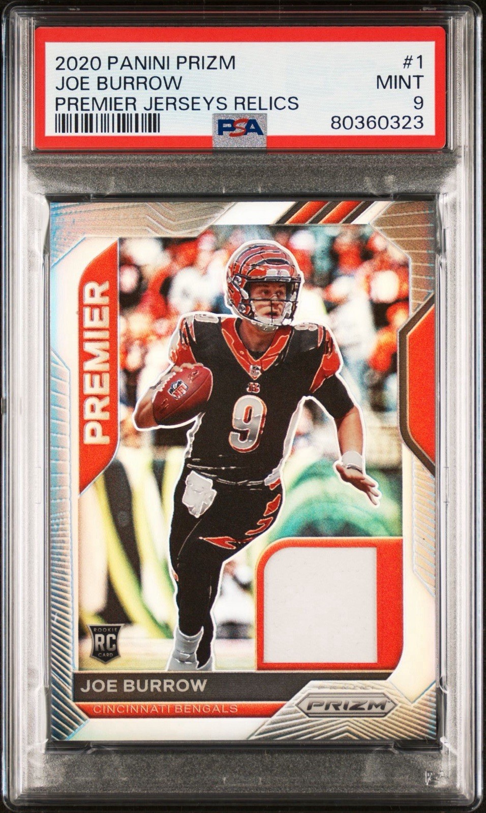 2020 PANINI PRIZM PREMIER JERSEYS RELICS 1 JOE BURROW PSA 9 ROOKIE RC