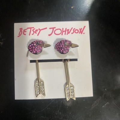 Betsey Johnson Arrow Heart Pink + Gold Earrings Studs Dangly Dangles Love