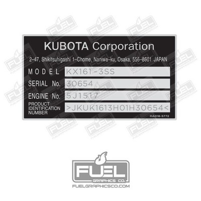 名前旗　Kubota Kaoruko Kubota Custom Excavator Serial No. Tag Premium Vinyl Decal - 4.5