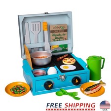 24 Piece Wooden Camp Stove Play Set Outdoor Cooking Toys W/ Utensils Kids 3-6 US