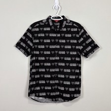 Y2K Men s Guess Button Up Shirt Sz Small Black Allover Logo Spell out 90s Style