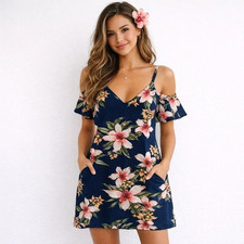 FSL Apparel Tropical Navy Floral Cold Shoulder Dress with Pockets Size Large