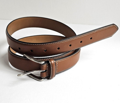 DMKJ Belt Mens Large 38-40 Brown Faux Leather Contrast Stitch Silver Buckle