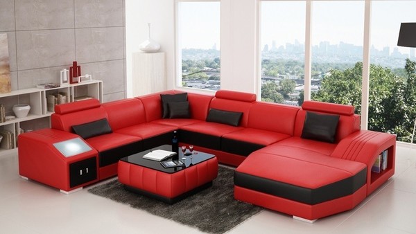 Design Couch Luxus Couchen Leder Sofa Sitz Eck Garnitur Polster Ecke Couch Rot-image