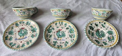 Deruta  GREEN ROOSTER Italian Majolica 3 Cups & Saucers Sets