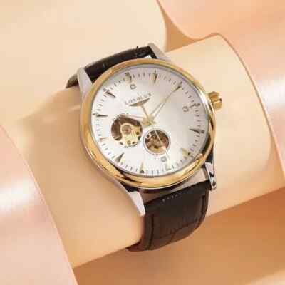 Herren Automatikuhr Lederarmband Mechanische Armbanduhr Skelett Wasserdicht