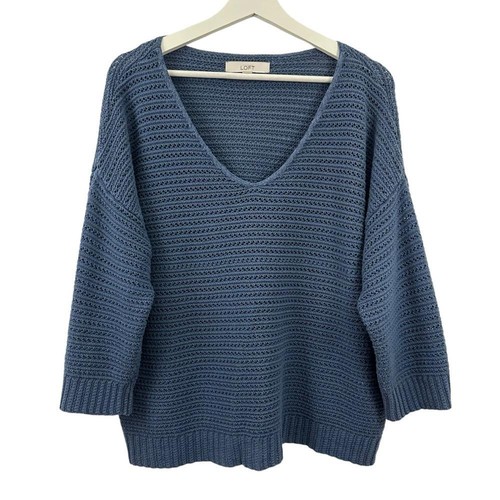 LOFT Grobstrickpullover Damen blau V-Ausschnitt Größe M
