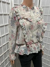Women's Sweet Rain Small Gray Pink Floral Sheer Blouson Blouse