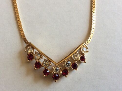 Vintage Red And Clear Crystal Rhinestone Herringbone Chain Necklace Gold Tone - 第 7/7 張圖片